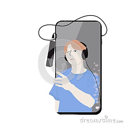 Video blogger teen vector stock illustration. Stream on a phone with a microphone. Vector Illustration